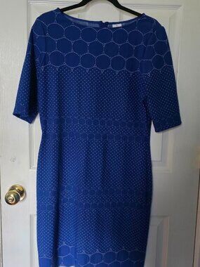Julia Jordan Eyelet Sheath Dress Size 12 Cobalt Blue Scallop Hem Geometric dots